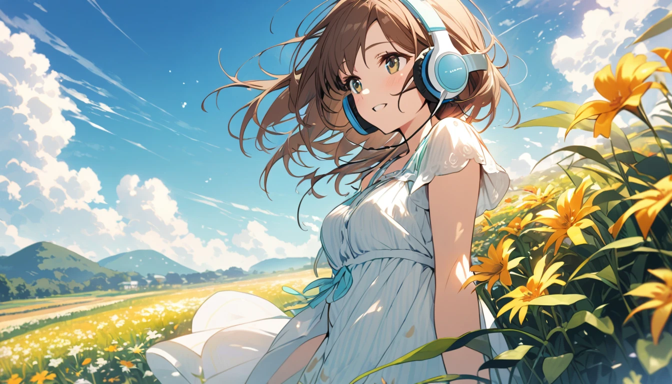 Girl wearing headphones,Brown Hair,1 person,bright,Detailed Background,Summer Breeze - Feel the freshness of summer,field