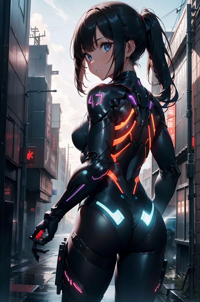 Girl from behind holding a futuristic gun, Wearing a realistic sci-fi plug suit lit by neon lights、Realistic and detailed beautiful face girl, masterpiece, 4K, Ultra-high resolution, Sharp focus, Cinema Lighting, Midnight Aura, Highest quality