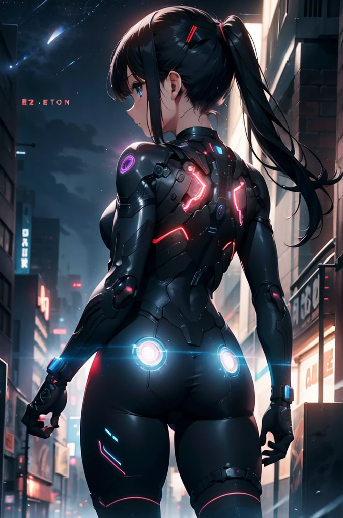 Girl from behind holding a futuristic gun, Wearing a realistic sci-fi plug suit lit by neon lights、Realistic and detailed beautiful face girl, masterpiece, 4K, Ultra-high resolution, Sharp focus, Cinema Lighting, Midnight Aura, Highest quality