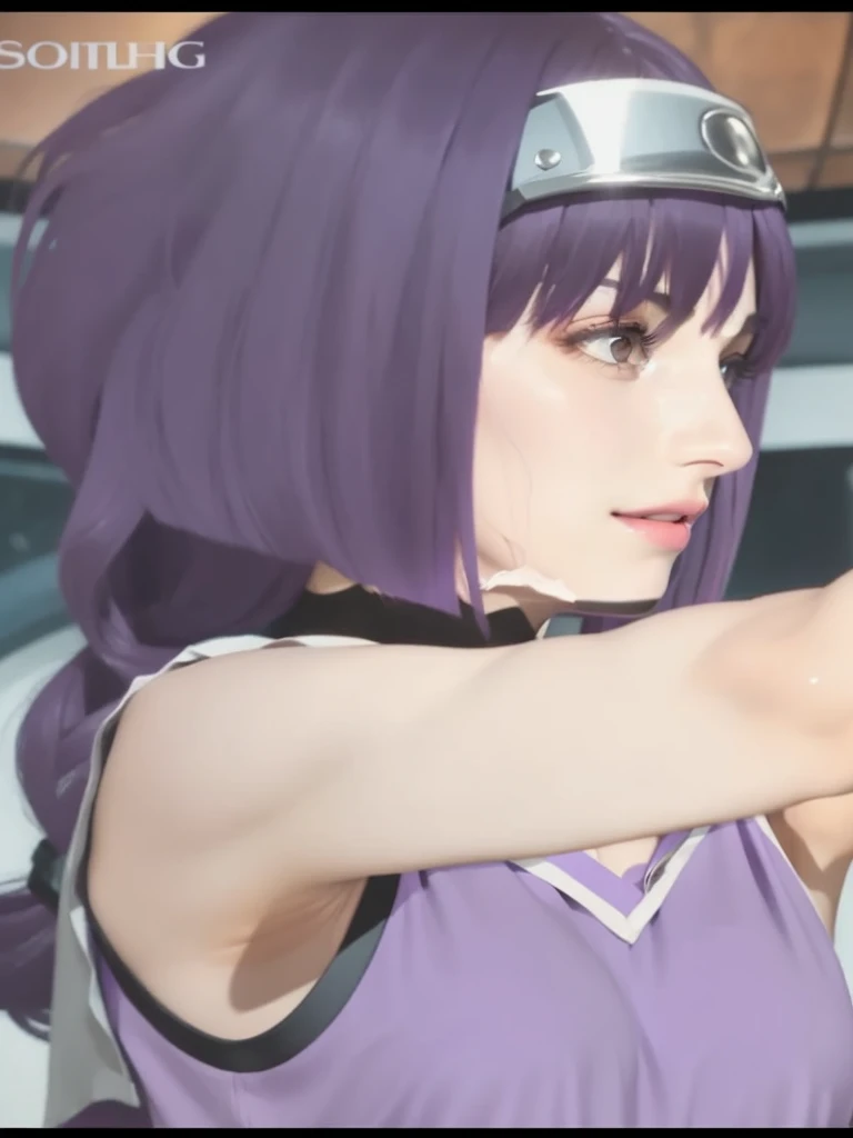 realistic, masterpiece, cinematic lighting, 8K, real life, real image details, intricate details, perfect color details, high brightness, medium contrast, hair shape details, eye image details, face shape details, real shining skin, a beautiful girl, 12 years old, long purple hair, middle bangs hair type, very neat hair shape, oval face shape, face blush, thin purple eyebrows, purple eyes, pink lips, open mouth, smiling, laught, hiss, short purple collared sleeveless shirt, open buttoned shirt, sexy body, wet body, showing big chest, nipple, smooth armpits
