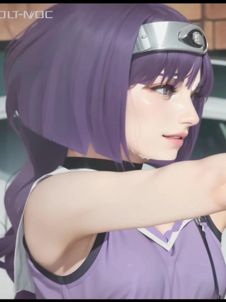 realistic, masterpiece, cinematic lighting, 8K, real life, real image details, intricate details, perfect color details, high brightness, medium contrast, hair shape details, eye image details, face shape details, real shining skin, a beautiful girl, 12 years old, long purple hair, middle bangs hair type, very neat hair shape, oval face shape, face blush, thin purple eyebrows, purple eyes, pink lips, open mouth, smiling, laught, hiss, short purple collared sleeveless shirt, open buttoned shirt, sexy body, wet body, showing big chest, nipple, smooth armpits