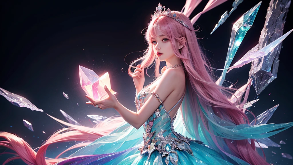 Highest quality，masterpiece，16K，One girl, bangs, Exposing shoulders, chest, Crown, crystallization, dress, From the side, gem,Colorful crystallizations,Crystal Headwear,There are many crystallizations on the clothes,Colorful Gradient Hair,カラフルなdress,Colorful crystals floating,Body crystals,Crystal Necklace,Colorful crystallization decoration,crystalline girl, Gradient Hair, jewelry, Long Hair, compensate, medium chest, Multicolored Hair, Pink Hair, alone, tiara