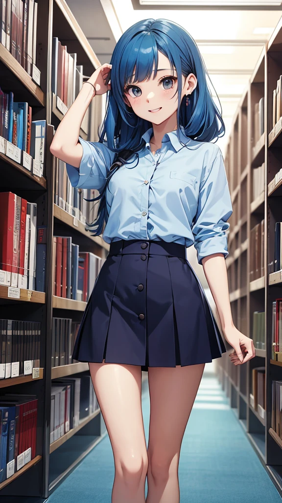 Gal、Wearing a mini skirt and a shirt、The shirt buttons are open、laughing、Blue Hair、Around 25 years old、Anime style illustrations、Inside the library