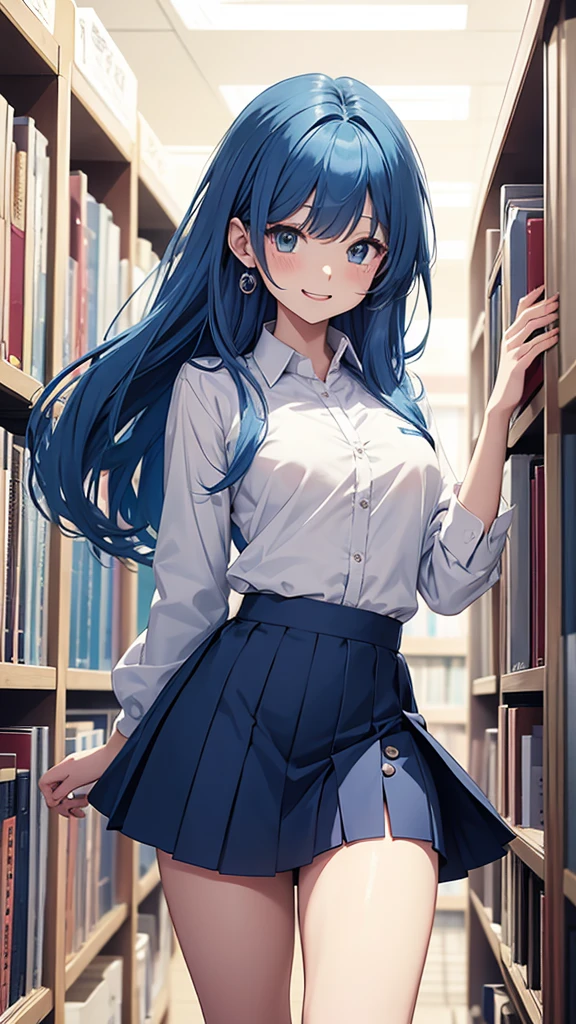 Gal、Wearing a mini skirt and a shirt、The shirt buttons are open、laughing、Blue Hair、Around 25 years old、Anime style illustrations、Inside the library