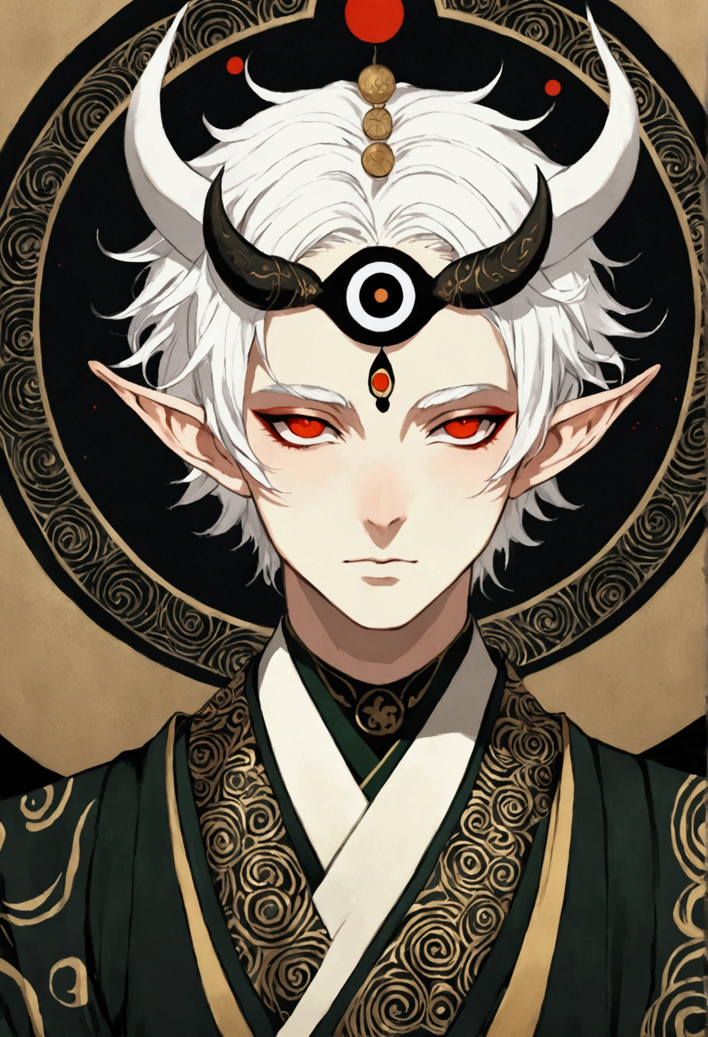 Dark illustration，(((1 Boy，独奏，third eye on the forehead，Dark eyeshadow.Middle-parted white hair-super short hair，Elf ears))),(((Japanese clothing：1.6))).whole body