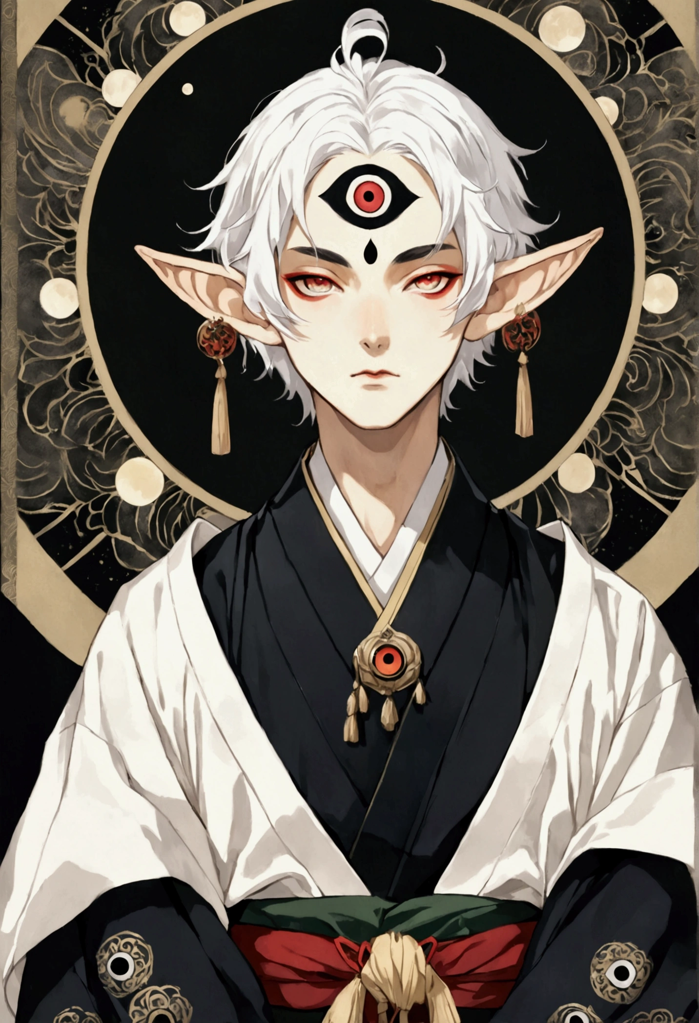Dark illustration,(((1 Boy,独奏,third eye on the forehead,Dark eyeshadow.Middle-parted white hair-super short hair,Elf ears))),(((Japanese clothing:1.6))).whole body