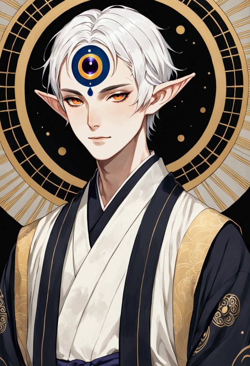 Dark illustration，(((1 Boy，独奏，third eye on the forehead，Dark eyeshadow.Middle-parted white hair-super short hair，Elf ears))),(((Japanese clothing：1.6))).whole body
