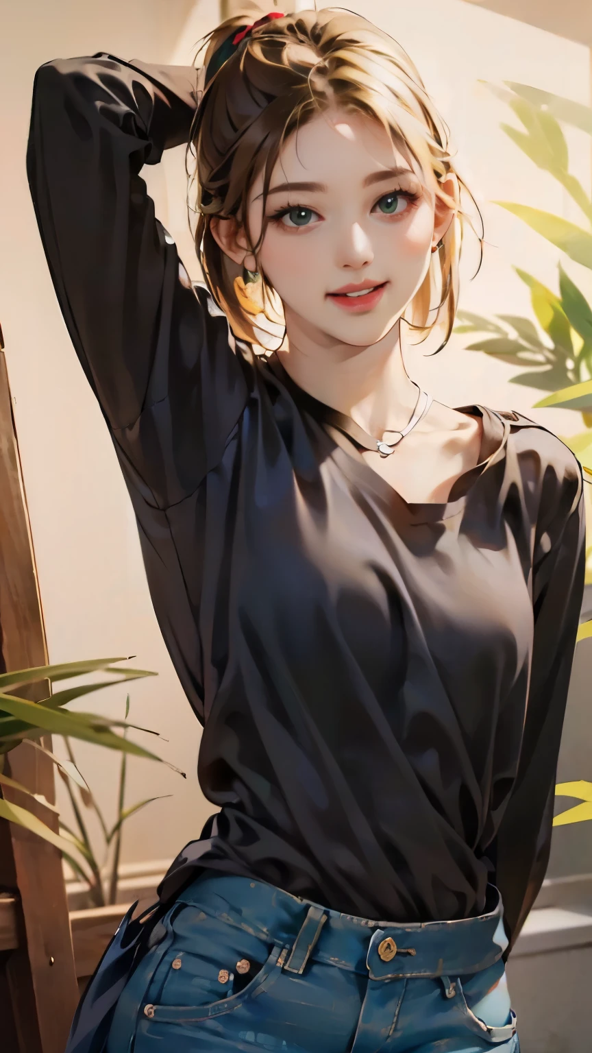 Highest quality, masterpiece, Ultra-high resolution, (Realistic:1.4), Beautiful woman, Open your mouth, Green V-neck T-shirt, Cleavage, Greenlee Jeans , Small breasts, Erect nipples, Curvy waist, Slim Abs, Shiny skin, 魅惑的なsmile, Bokeh, smile, Short jeans, ((blonde color short hair)), ((ponytail)), ((White lace panties)), ((Both arms behind the head)), (((Wearing a black shirt))), (((Beautiful breasts)))
