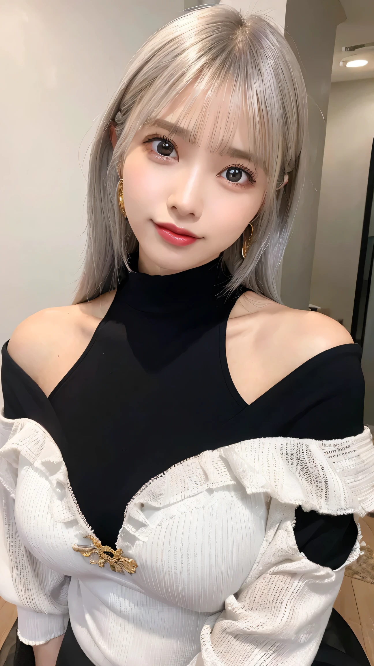 best qualityer, ultra high nothing, (photorrealistic: 1.4), Brazilian 1girl, camisa branca off-shoulder, black tight skirt, thin gold choker (faded ash gray hair:1), (Breasts huge:1.2), gazing at viewer, close-up,