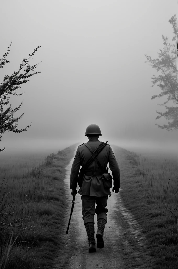 Can you generate a vivid and horrifying high contrast black and white image of a world war 2 SS soldier slowly walking towards us in the thick mist in the battlefield ?