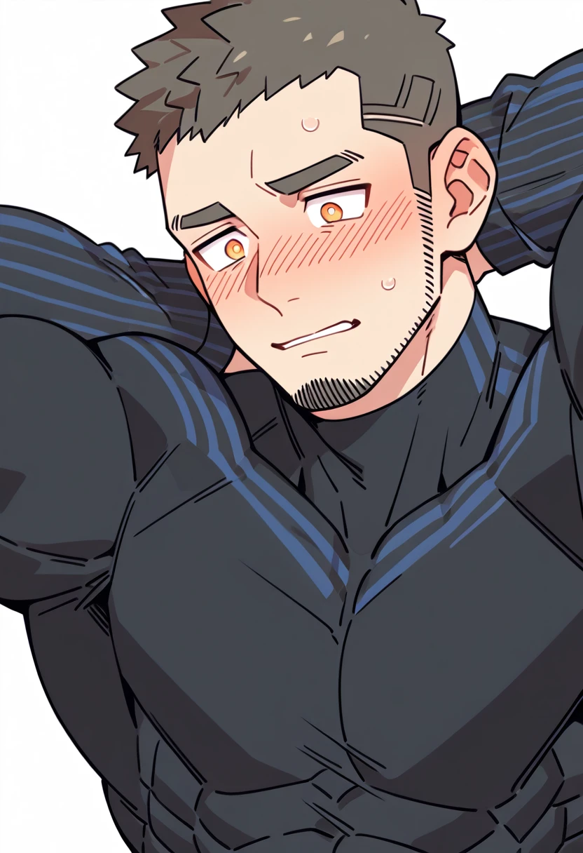 anime characters:Gyee Priapus, Muscle Sports Student, Buzz Cut, Manliness, male focus, Yellow and black striped high collar long sleeve tights, Wear a black high-necked tights inside, Very tight, Regular symmetrical pattern, full and perky chest muscles, muscular male, muscular, only, Upper body, alone, Red short hair, Thick eyebrows, stubble, Brown-red pupils, White background, simple background, amazing quality, best aesthetics, Ridiculous, crew cut, parted lips, flustered, endured face, shy, blush, negative space, best quality