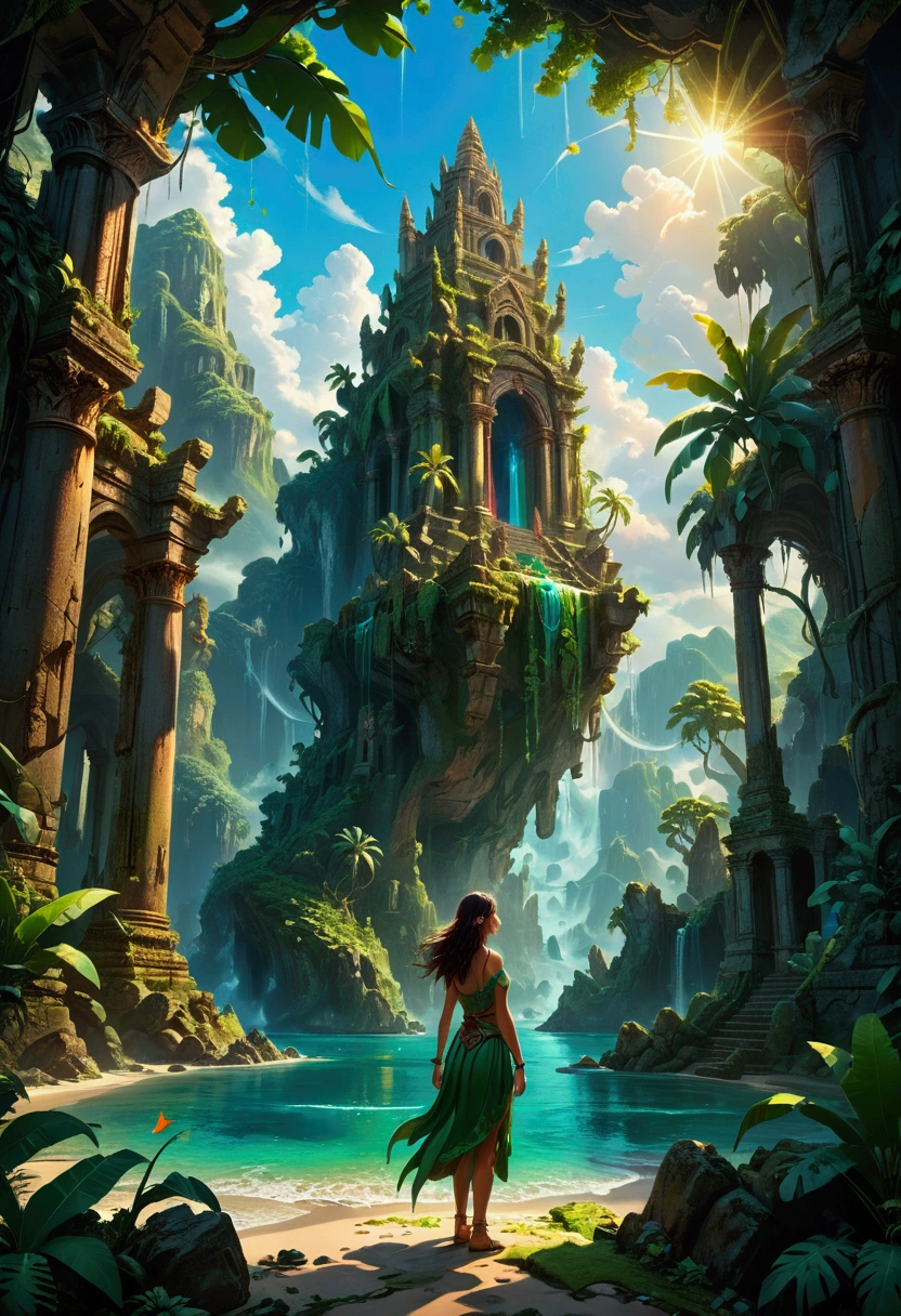 1girl, a mysterious island, a magical fantasy tropical island, lush green jungle, ancient ruins, glowing crystals, warm sunlight, vibrant colors, dramatic skies, fantasy landscape, highly detailed, cinematic lighting, intricate details, a sense of wonder and adventure, (4k,8k,highres:1.2), ultra-detailed, masterpiece, best quality, very aesthetic, absurdres