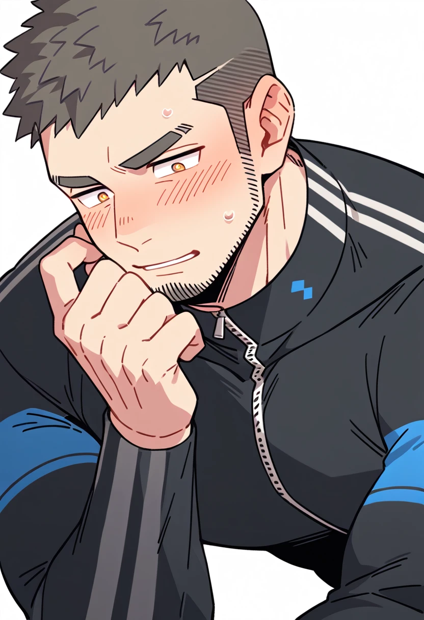 anime characters:Gyee Priapus, Muscle Sports Student, Buzz Cut, Manliness, male focus, Yellow and black striped high collar long sleeve tights, Wear a black high-necked tights inside, Very tight, Regular symmetrical pattern, full and perky chest muscles, muscular male, muscular, only, Upper body, alone, Red short hair, Thick eyebrows, stubble, Brown-red pupils, White background, simple background, amazing quality, best aesthetics, Ridiculous, crew cut, parted lips, flustered, endured face, shy, blush, negative space, best quality