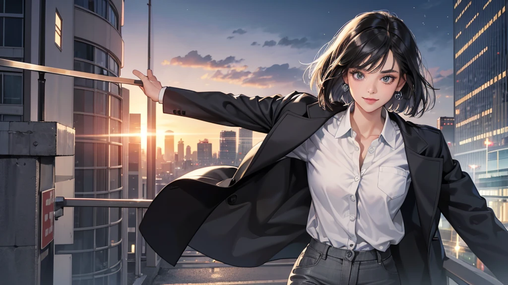 (perfect anatomy:1.2)(absurdres, highres, ultra detailed),masterpiece,best quality,high resolution,8k,Realistic face,Realistic skin texture,magnified textures, stunning clarity,detailed anime girl,(ultra detailed eyes and face),(1 girl:1.2)21years old,she is office worker,,smile:1.2,black hair, bob cut,natural make,grey jacket,grey pants,black brouse,sparkling eyes.small nose,roundface,just left the office when it was time to leave,night,bussines district,she is walking,looks happy,feeling freedom