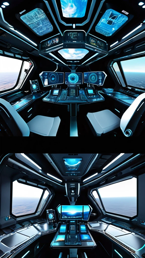 ```
Interior of an ultra-advanced spaceship cockpit, 30,000+ light-years beyond current civilization.
Panoramic 16:9 view of the entire cockpit.
Sleek, futuristic design with a perfect blend of simplicity and mechanical complexity.
Holographic displays and control interfaces floating in air.
Transparent viewscreens showing vast, otherworldly space vistas.
Subtle, pulsing light patterns across surfaces indicating AI integration.
Multiple stations with ergonomic, high-tech seating.
3-5 beautiful female AI cyborgs present in the cockpit:
  - Diverse appearances, all attractive with subtle cybernetic features
  - Some seated, others standing or moving between stations
  - At least two cyborgs actively manipulating holographic controls
  - One cyborg observing space through the main viewscreen
Cyborgs wearing form-fitting, advanced space uniforms.
Soft, ambient lighting with occasional flashes from console operations.
Hints of exotic materials and unknown technologies in cockpit construction.
Background space view showing unfamiliar star patterns and phenomena.
Atmosphere of quiet efficiency and hyper-advanced technological harmony.
Composition balancing focus on cyborg crew and impressive cockpit design.
Dynamic feel with various activities happening simultaneously.
Scale suggesting a large, capital ship rather than a small vessel.
Overall aesthetic: awe-inspiring, transcendent level of technological advancement.
```​​​​​​​​​​​​​​​​