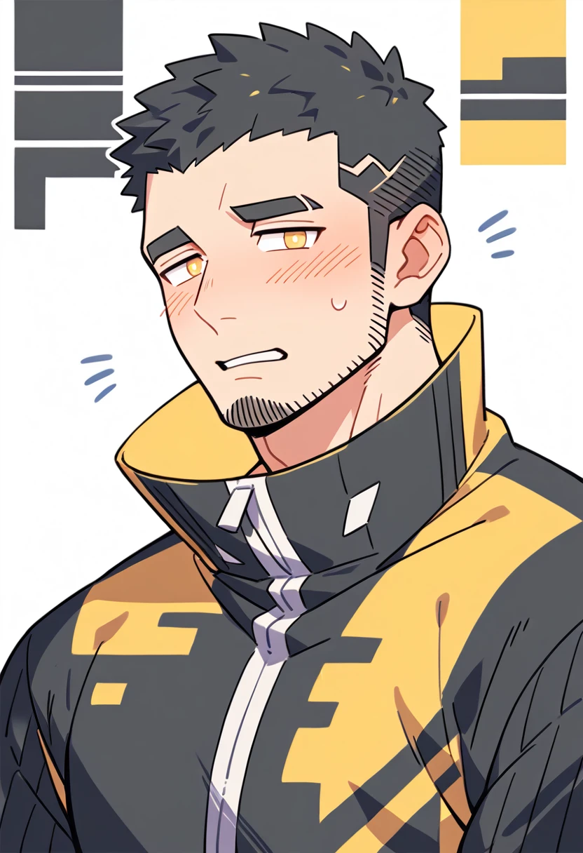 anime characters:Gyee Priapus, Muscle Sports Student, Buzz Cut, Manliness, male focus, Yellow and black striped high collar long sleeve tights, Wear a black high-necked tights inside, Very tight, Regular symmetrical pattern, full and perky chest muscles, muscular male, muscular, only, Upper body, alone, Red short hair, Thick eyebrows, stubble, Brown-red pupils, White background, simple background, amazing quality, best aesthetics, Ridiculous, crew cut, parted lips, flustered, endured face, shy, blush, negative space, best quality
