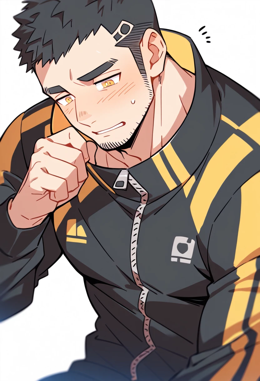 anime characters:Gyee Priapus, Muscle Sports Student, Buzz Cut, Manliness, male focus, Yellow and black striped high collar long sleeve tights, Wear a black high-necked tights inside, Very tight, Regular symmetrical pattern, full and perky chest muscles, muscular male, muscular, only, Upper body, alone, Red short hair, Thick eyebrows, stubble, Brown-red pupils, White background, simple background, amazing quality, best aesthetics, Ridiculous, crew cut, parted lips, flustered, endured face, shy, blush, negative space, best quality
