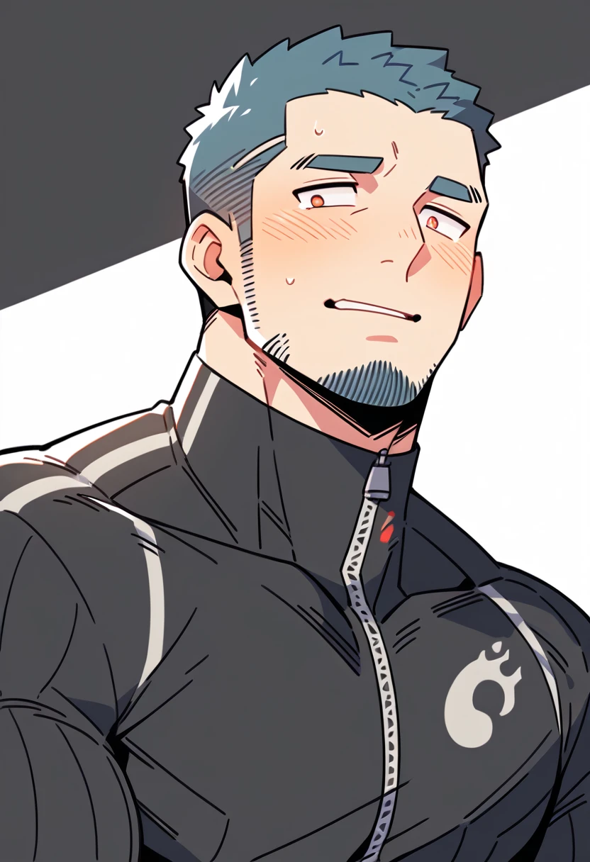 anime characters：Gyee Priapus, Muscle Sports Student, Buzz Cut, Manliness, male focus, Yellow and black striped high collar long sleeve tights, Wear a black high-necked tights inside, Very tight, Regular symmetrical pattern, full and perky chest muscles, muscular male, muscular, only, Upper body, alone, Red short hair, Thick eyebrows, stubble, Brown-red pupils, White background, simple background, amazing quality, best aesthetics, Ridiculous, crew cut, parted lips, flustered, endured face, shy, blush, negative space, best quality