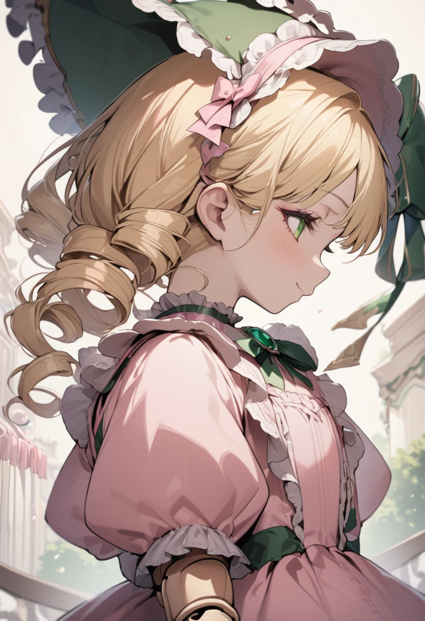 Blonde hair,ringlet,emerald green eyes,long eyelashes,light pink victorian dress,puffy short sleeves,frilled dress,frilly wide brimmed Bonnet with bows,fringe bangs,bustshot,masterpiece,highress,soft smile,bishoujo,peterpan collar,sideview,facing away,solo,(pink clothes),ball joins,doll joints,