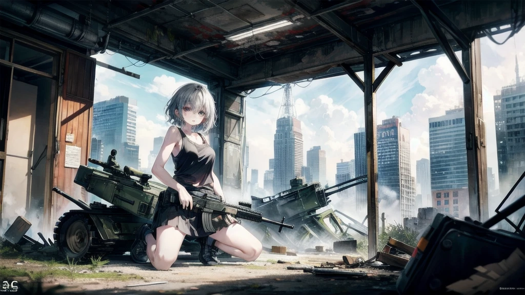 (Torn clothes), Tank top shirt, skirt, Anti-tank rifles, Rocket Launcher, Assault rifle, Beam rifle, Handgun, Abandoned building, Absurd, RAW Photos, Very delicate and beautiful, masterpiece, Highest quality, Ultra-high resolution, 32K, Surreal, Very detailed, Detailed Description, Pale skin, 20-year-old, Tearful mole, Earrings, Short Medium Hair, Wavy Hair, Full Body Shot,