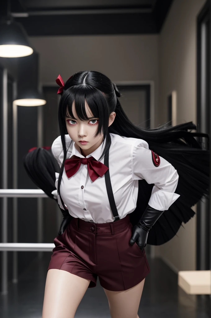 A female character in the movie My Hero Academy has black hair and blood-red eyes, Quirk power is through black pear and darkness (it looked like a glove covered with black pear) Appearance is a white high collar shirt, black shorts, Black shoes with high collars and ribbons around the neck.