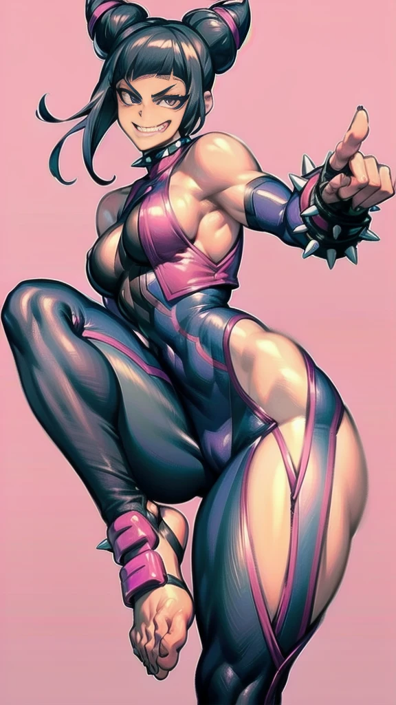 Full body image of Juri Han from Street Fighter 5, wearing her original outfit (black and purple clothes with spiked accents, barefoot with taped feet, and arm guards), short black hair styled in twin buns, female body, athletic and flexible body, dynamic pose, detailed pose, simple background, expressive face showing a mischievous grin, focus on face, line art, sketch