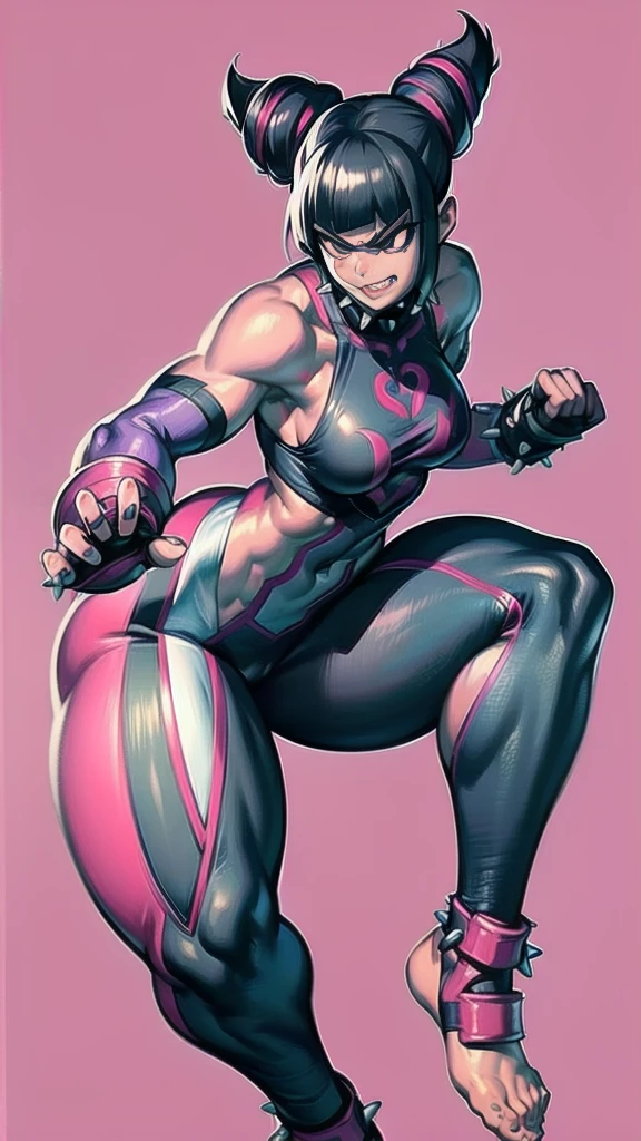 Full body image of Juri Han from Street Fighter 5, wearing her original outfit (black and purple clothes with spiked accents, barefoot with taped feet, and arm guards), short black hair styled in twin buns, female body, athletic and flexible body, dynamic pose, detailed pose, simple background, expressive face showing a mischievous grin, focus on face, line art, sketch