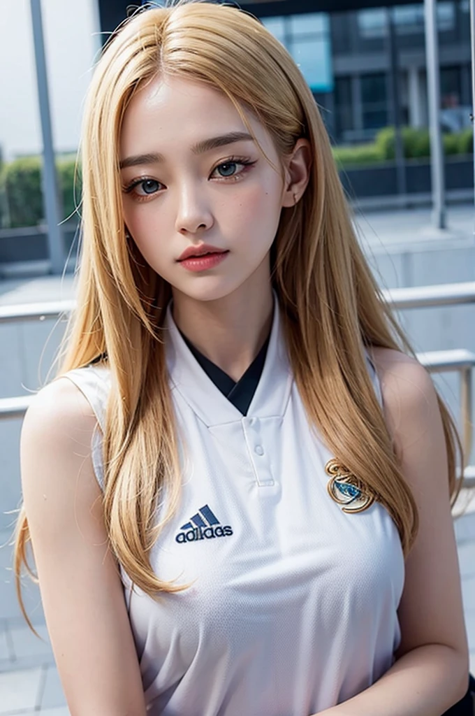 {{{Real Madrid}}}, {{Adidas soccer jersey on white background}}, {{{best quality}}}, {{{realistic}}}, {{{Detailed facial description}}}, realistic 눈동자, blonde long hair, {{beautiful western beauty}}, female, realistic 유니폼 주름, {{{Real Madrid}}}, {{{soccer stadium}}}, Sponsor&#39;s name is Fly Emirates, {{{busty}}}, {{{uniform is wet}}}, {{{Nipples are shining}}}