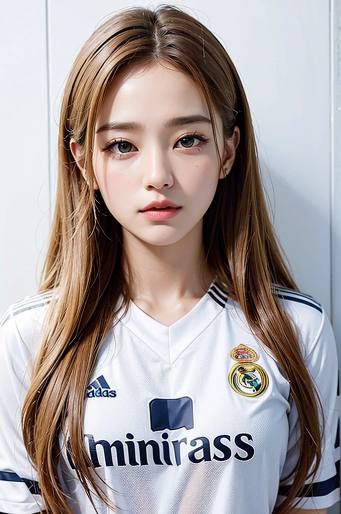 {{{Real Madrid}}}, {{Adidas soccer jersey on white background}}, {{{best quality}}}, {{{realistic}}}, {{{Detailed facial description}}}, realistic 눈동자, blonde long hair, {{beautiful western beauty}}, female, realistic 유니폼 주름, {{{Real Madrid}}}, {{{soccer stadium}}}, Sponsor's name is Fly Emirates, {{{busty}}}, {{{uniform is wet}}}, {{{Nipples are shining}}}