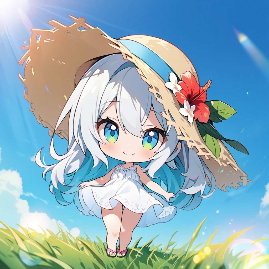 masterpiece, best quality, 4k、2D illustration, one beautiful girl, solo、(((chibi style)))、((vivid colors))、cute chibi, lovely chibi、((colorful))、((long beautiful hair)), glossy light silver hair, hair between eyes, cute, beautifully detailed eyes、((white summer dress))、((straw hat))、hibiscus hair ornament, flip-flops, ((happy smile))、((full body shot))、((summer grasslands))、((gentle breeze))、((blue sky))、sunbeam, white light, ((lens flare)), ((high color saturation)), 