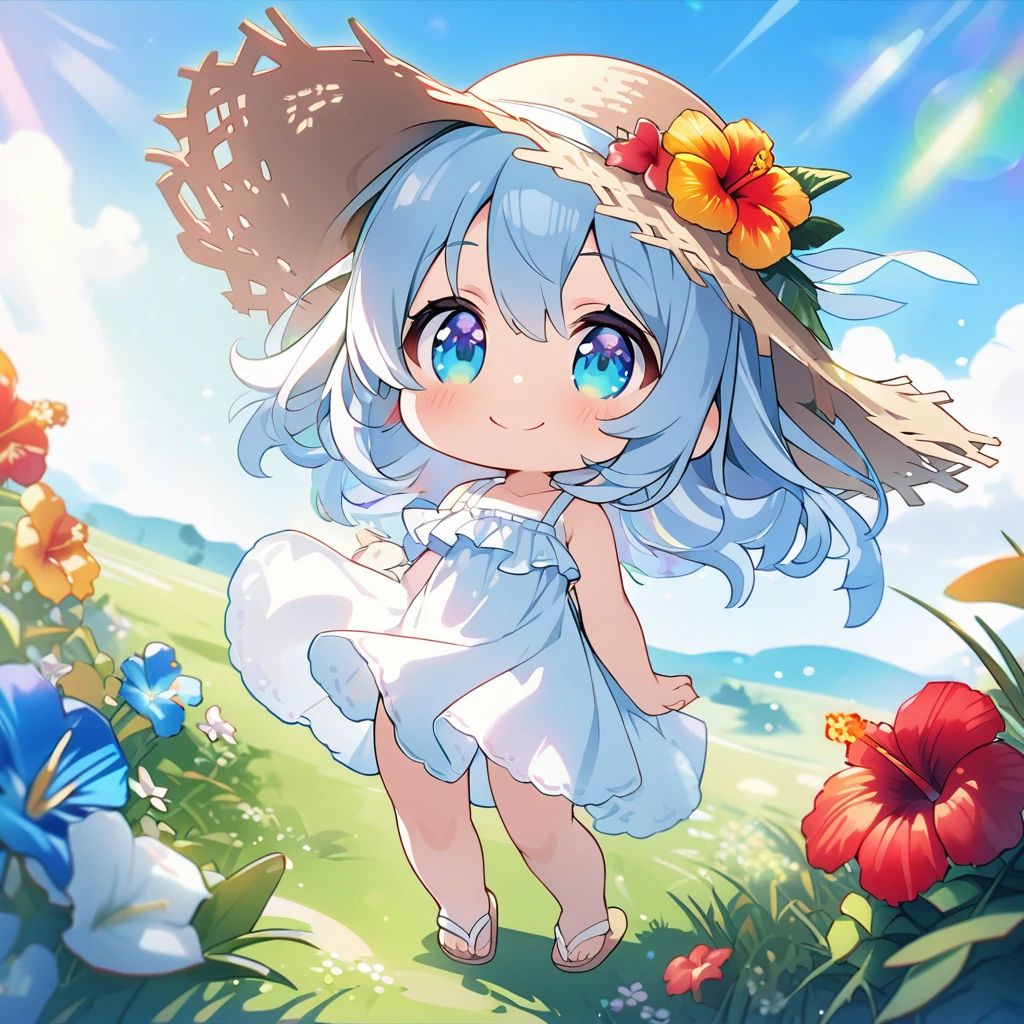 masterpiece, best quality, 4k、2D illustration, one beautiful girl, solo、(((chibi style)))、((vivid colors))、cute chibi, lovely chibi、((colorful))、((long beautiful hair)), glossy light silver hair, hair between eyes, cute, beautifully detailed eyes、((white summer dress))、((straw hat))、hibiscus hair ornament, flip-flops, ((happy smile))、((full body shot))、((summer grasslands))、((gentle breeze))、((blue sky))、sunbeam, white light, ((lens flare)), ((high color saturation)),
