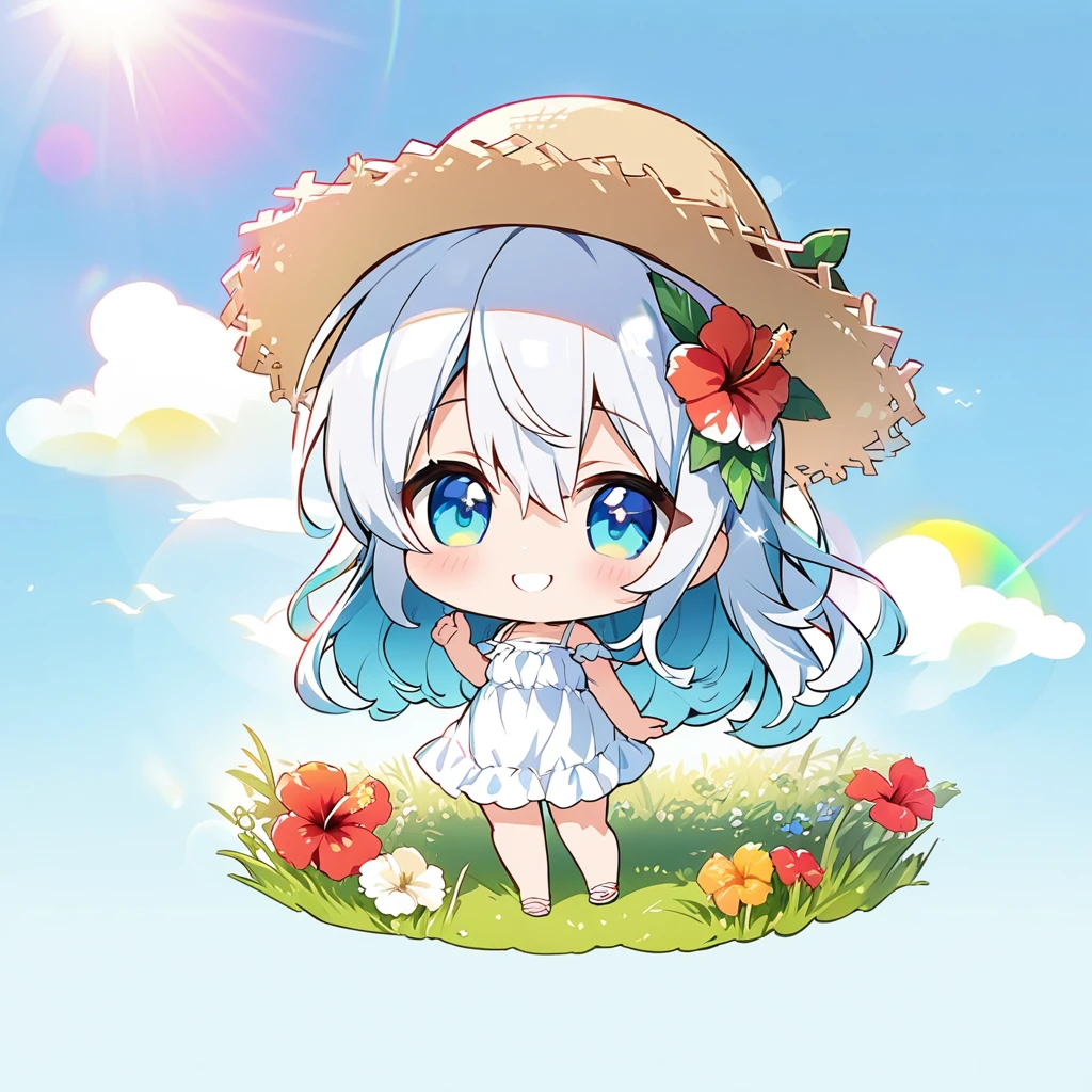 masterpiece, best quality, 4k、2D illustration, one beautiful girl, solo、(((chibi style)))、((vivid colors))、cute chibi, lovely chibi、((colorful))、((long beautiful hair)), glossy light silver hair, hair between eyes, cute, beautifully detailed eyes、((white summer dress))、((straw hat))、hibiscus hair ornament, flip-flops, ((happy smile))、((full body shot))、((summer grasslands))、((gentle breeze))、((blue sky))、sunbeam, white light, ((lens flare)), ((high color saturation)),