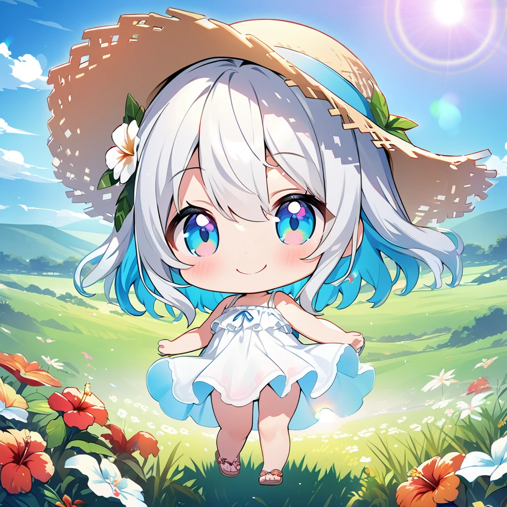 masterpiece, best quality, 4k、2D illustration, one beautiful girl, solo、(((chibi style)))、((vivid colors))、cute chibi, lovely chibi、((colorful))、((long beautiful hair)), glossy light silver hair, hair between eyes, cute, beautifully detailed eyes、((white summer dress))、((straw hat))、hibiscus hair ornament, flip-flops, ((happy smile))、((full body shot))、((summer grasslands))、((gentle breeze))、((blue sky))、sunbeam, white light, ((lens flare)), ((high color saturation)),