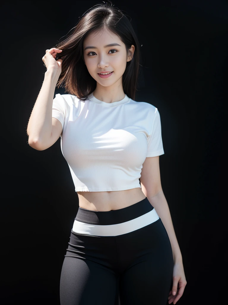 (highest image quality:1.35), high quality, Realistic photo, (A beautiful woman:1.33), beautiful expression, (delicate eyes:1.3), (delicate face:1.3 ), Smile, (slick hair:1.2), Super detailed , high resolution, athletic figure, (big breasts:1.25), (long hair:1.2), (beautiful woman), ( Cute navel:1.2), (Depth of field f/1.8:1.45 ), sharp focus, original photo , (Thin white shirt:1.45), (Thin black pants:1.4), (Thin tight bloack pants: 1.4 ), (Thick thighs:1.5), (Forward:1.25), (cowboy photo: 1.4), (Sports, black background :1.4 ), (black background:1.5 ),