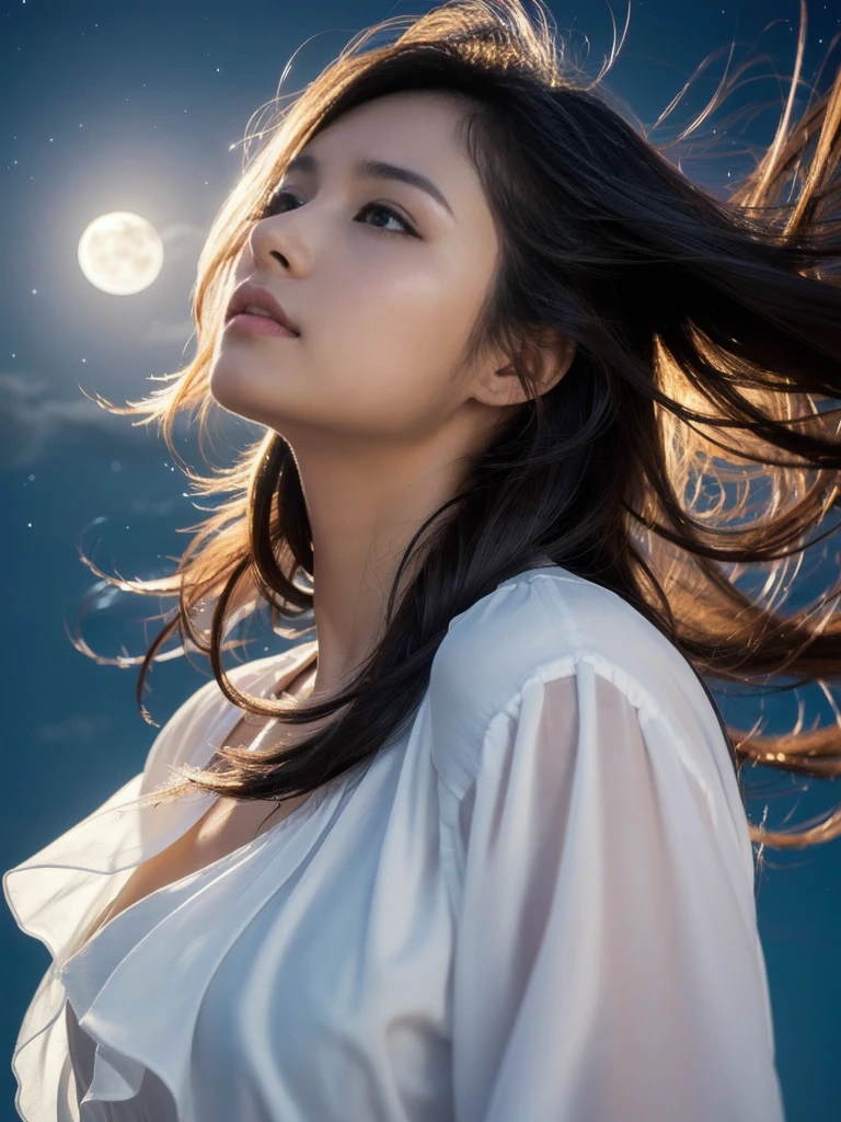 (highest quality,masterpiece:1.3,ultra high resolution),(Super detailed,caustics,8k),(photorealistic:1.4,RAW shooting),(night),(Night Sky),(starry sky),(full moon),(beach),(A girl looking up at the full moon),Are standing,36-year-old,cute,Japanese,black long hair,strong wind,(hair blowing in the wind),(white blouse),Natural light,moonlight,(side shot),(bust up shot),(low position),(Low - Angle)