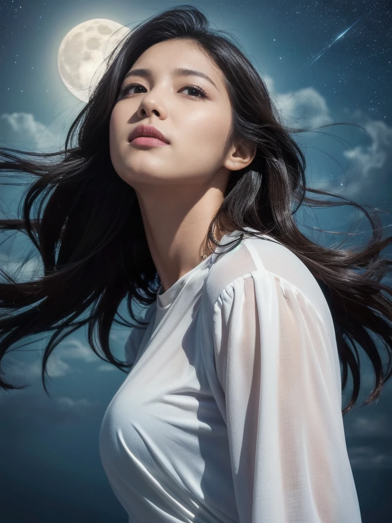 (highest quality,masterpiece:1.3,ultra high resolution),(Super detailed,caustics,8k),(photorealistic:1.4,RAW shooting),(night),(Night Sky),(starry sky),(full moon),(beach),(A girl looking up at the full moon),Are standing,36-year-old,cute,Japanese,black long hair,strong wind,(hair blowing in the wind),(white blouse),Natural light,moonlight,(side shot),(bust up shot),(low position),(Low - Angle)