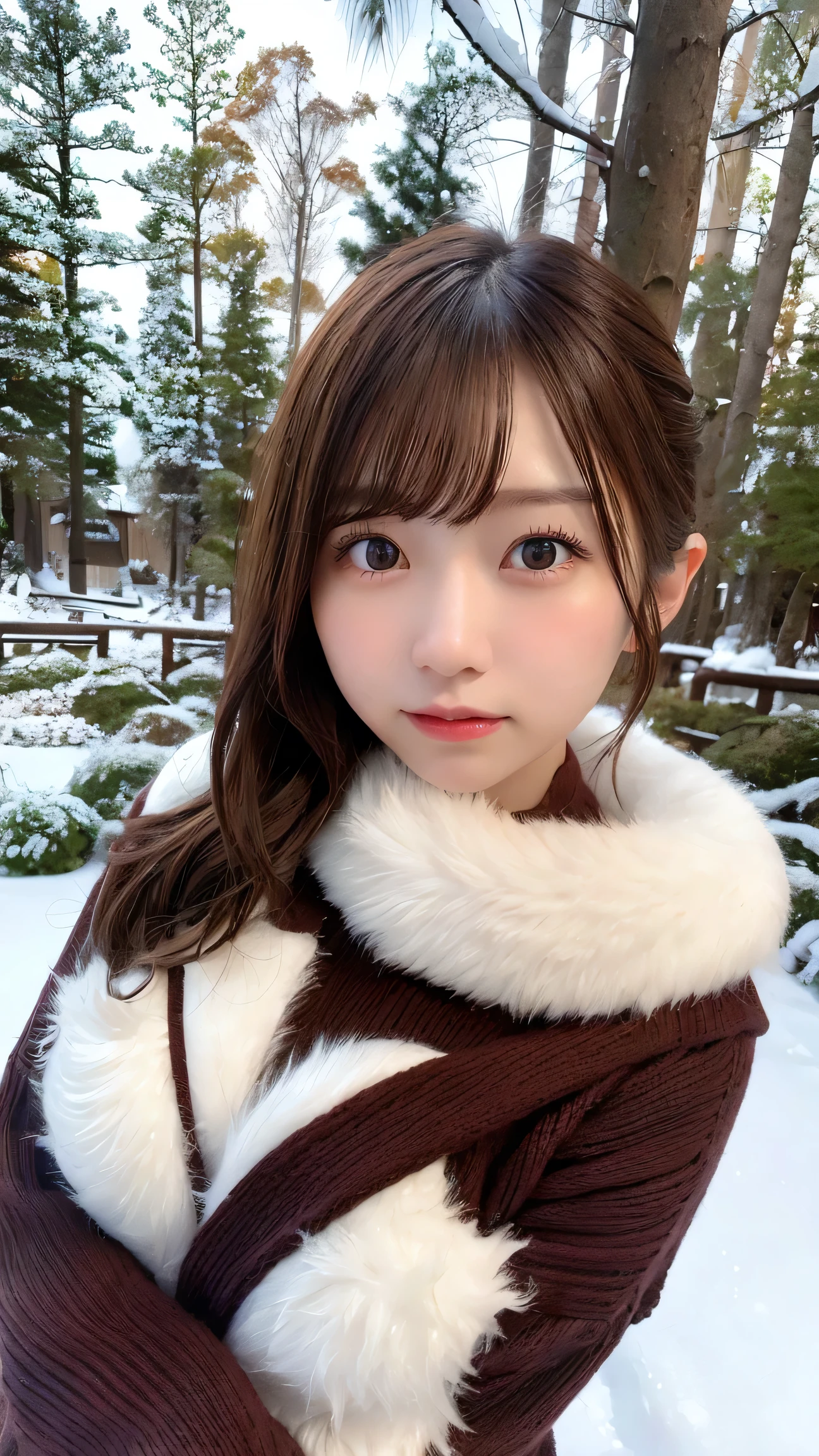 in the snowy forest, japanese girl, winter knit sweater, Yuki, pupils shine, brown short hair, big breasts, realistic portrait, depth of field, f/1.8, anatomically correct, rough skin, Super detailed, advanced details, high quality, Super detailed, advanced details, high quality, 最high quality, High resolution