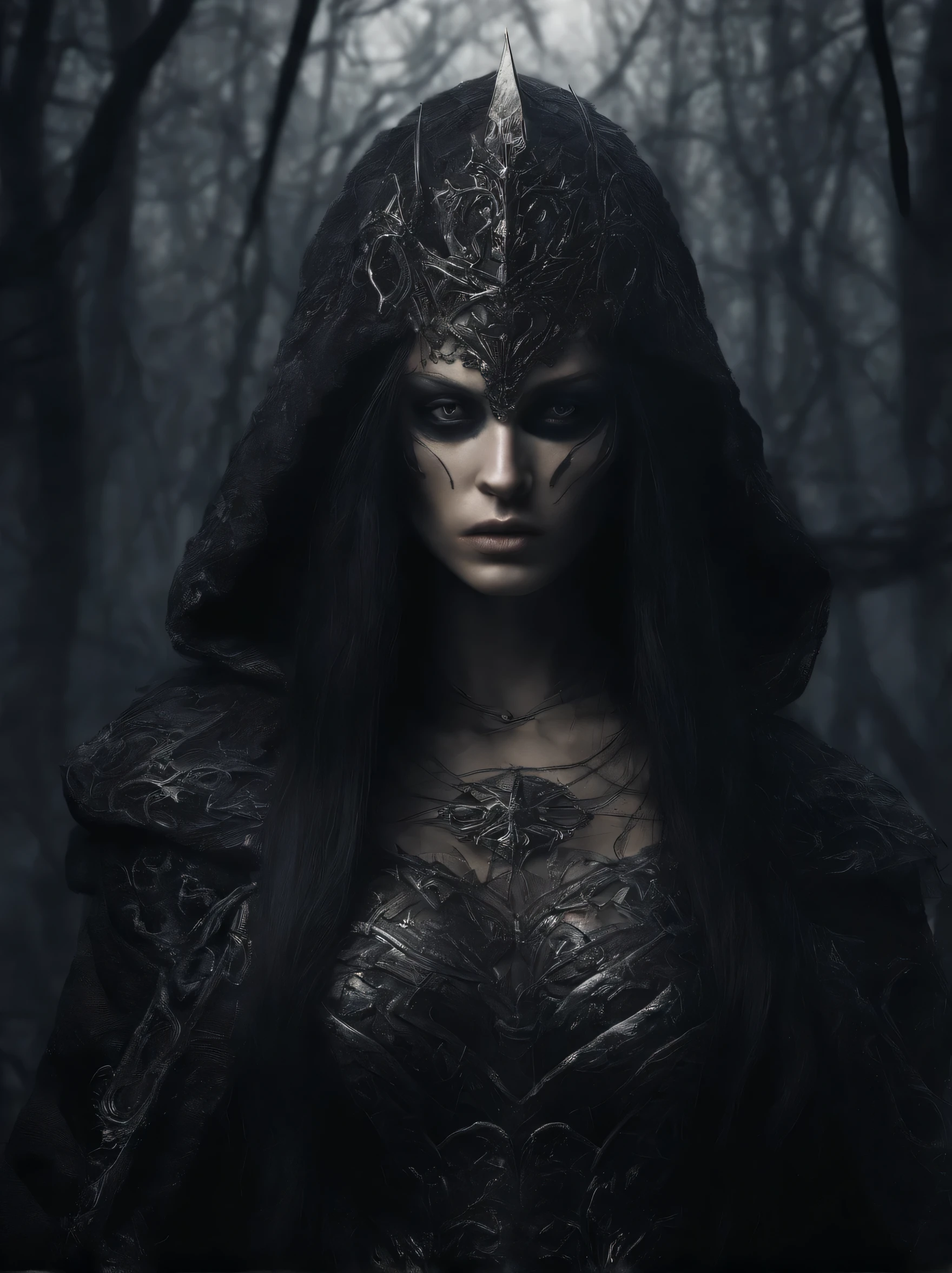 Create a female persona for Erebos, maintaining its dark and mysterious aura. She must have refined and seductive features, mesmerizing eyes and long, dark hair like the night. Dress her in elegant clothes and a cloak that suggests power, in an environment surrounded by a subtle halo of shadows and light. For the female form of Erebos, focus on capturing the beauty and intensity of the look. Make sure your facial features are soft and seductive, with long, dark hair that flows naturally. Clothes must be designed with details that combine elegance with a touch of mystery, avoiding excesses that could distract from the powerful presence of Erebos. Use an environment that highlights Erebos&#39; duality between mystery and power. Lighting must be carefully chosen to highlight the characteristics of each shape, without losing important details such as the ancient runes and the halo of shadows on the female form.