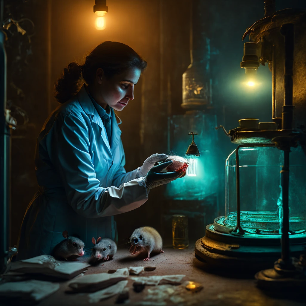 woman scientist treating an injured small rat in an old laboratory under dim light