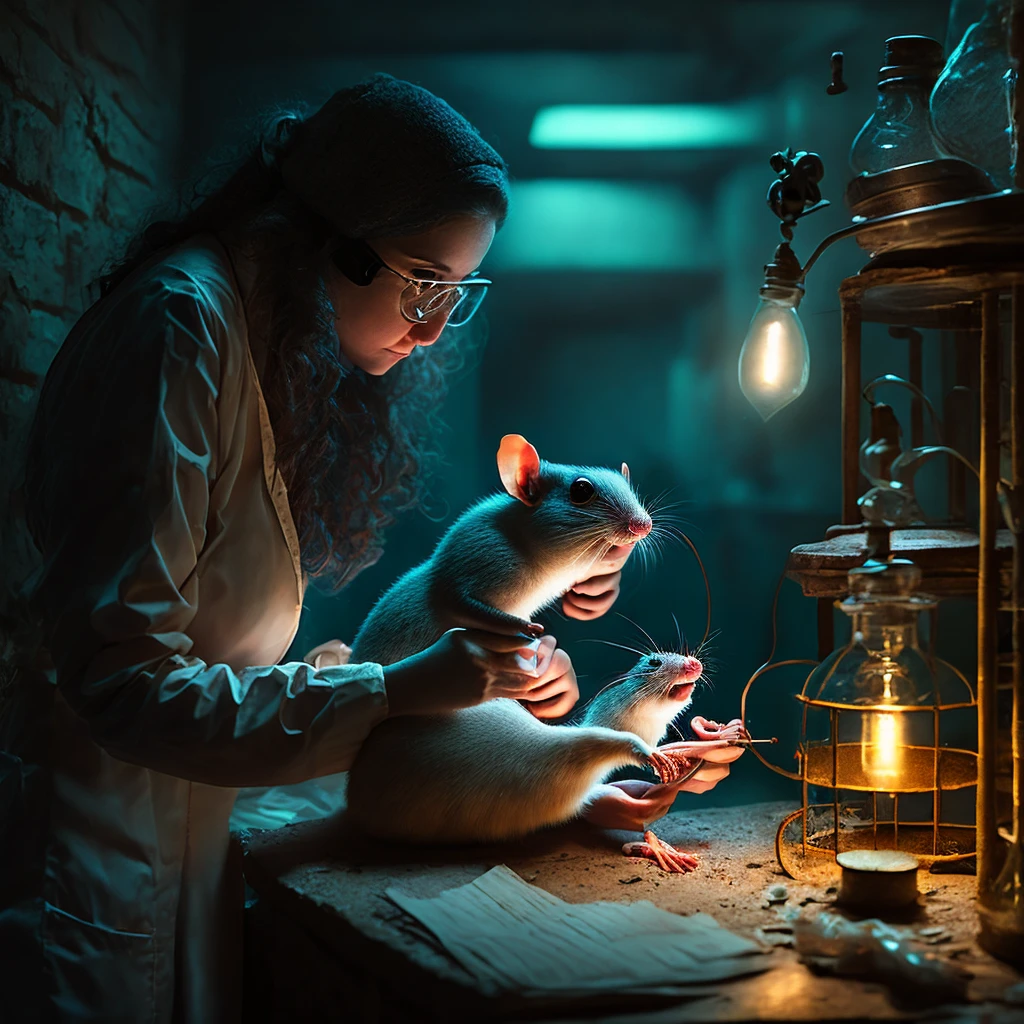  woman scientist treating an injured small rat in an old laboratory under dim light