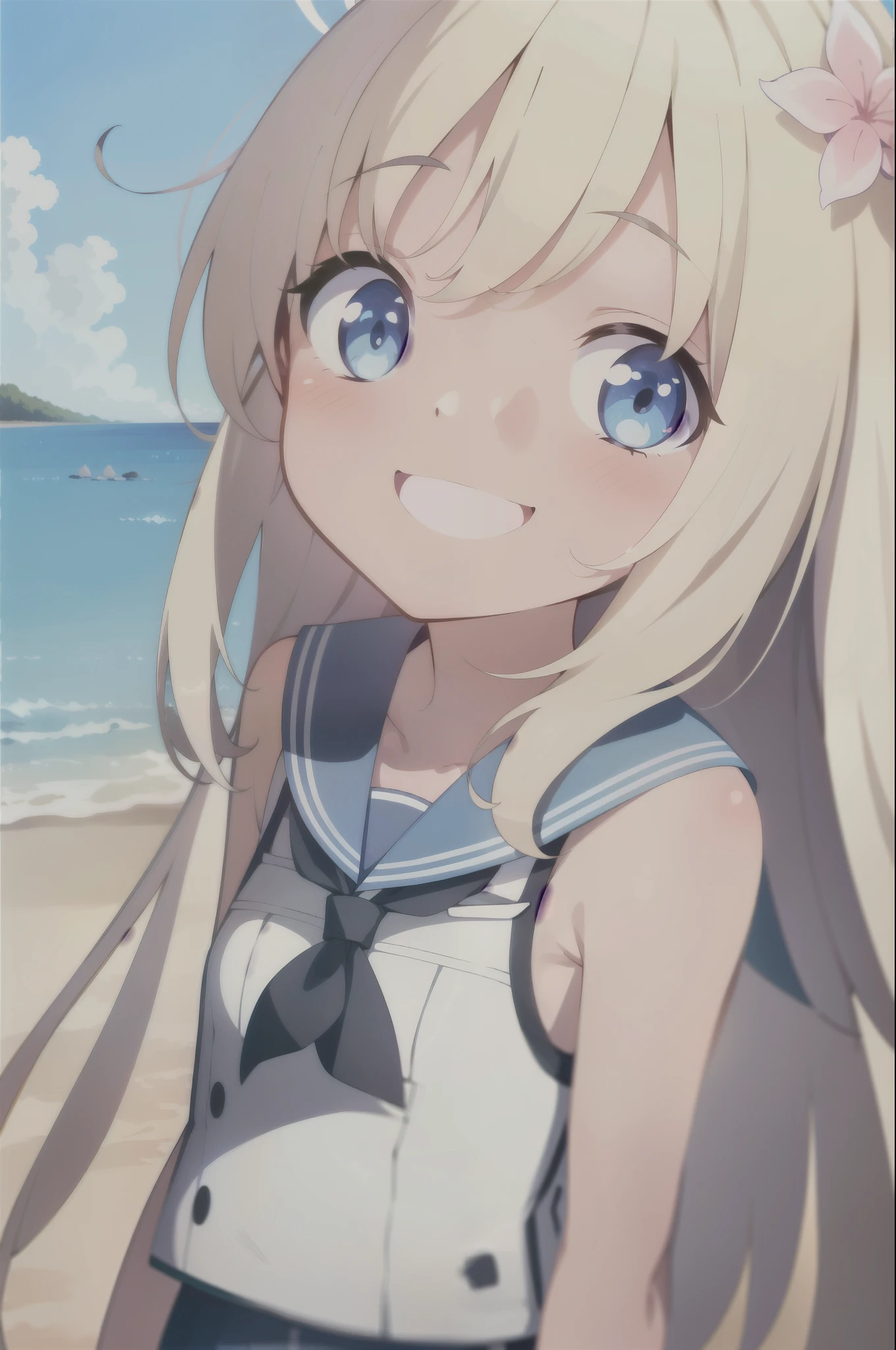 alone, One girl, Upper Body, View your viewers, smile, RO500, Long Hair, Hair Flower, Sunburn, One piece swimsuit, Sailor collar