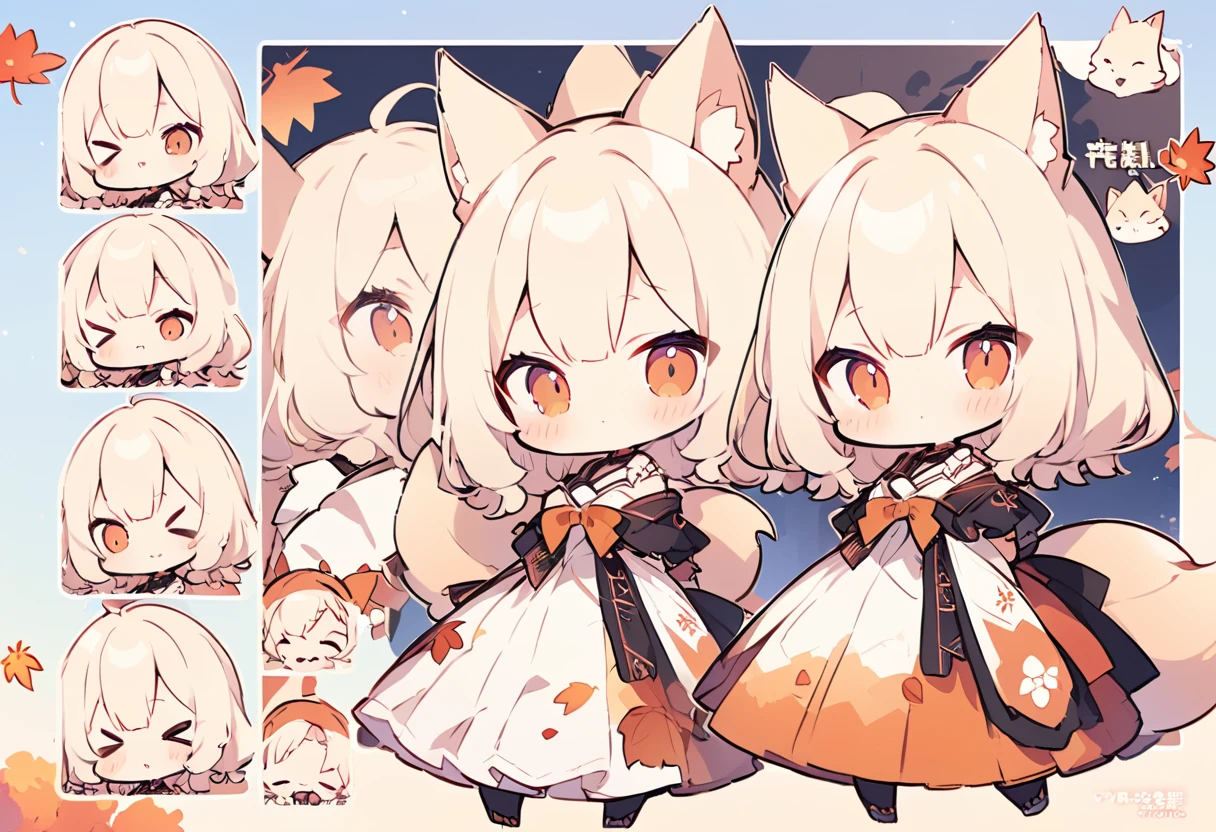 Anime, two heads, cute fox girl, autumn, multiple poses and expressions, different angles, character sheet, fashionable clothes, illustration, white background,