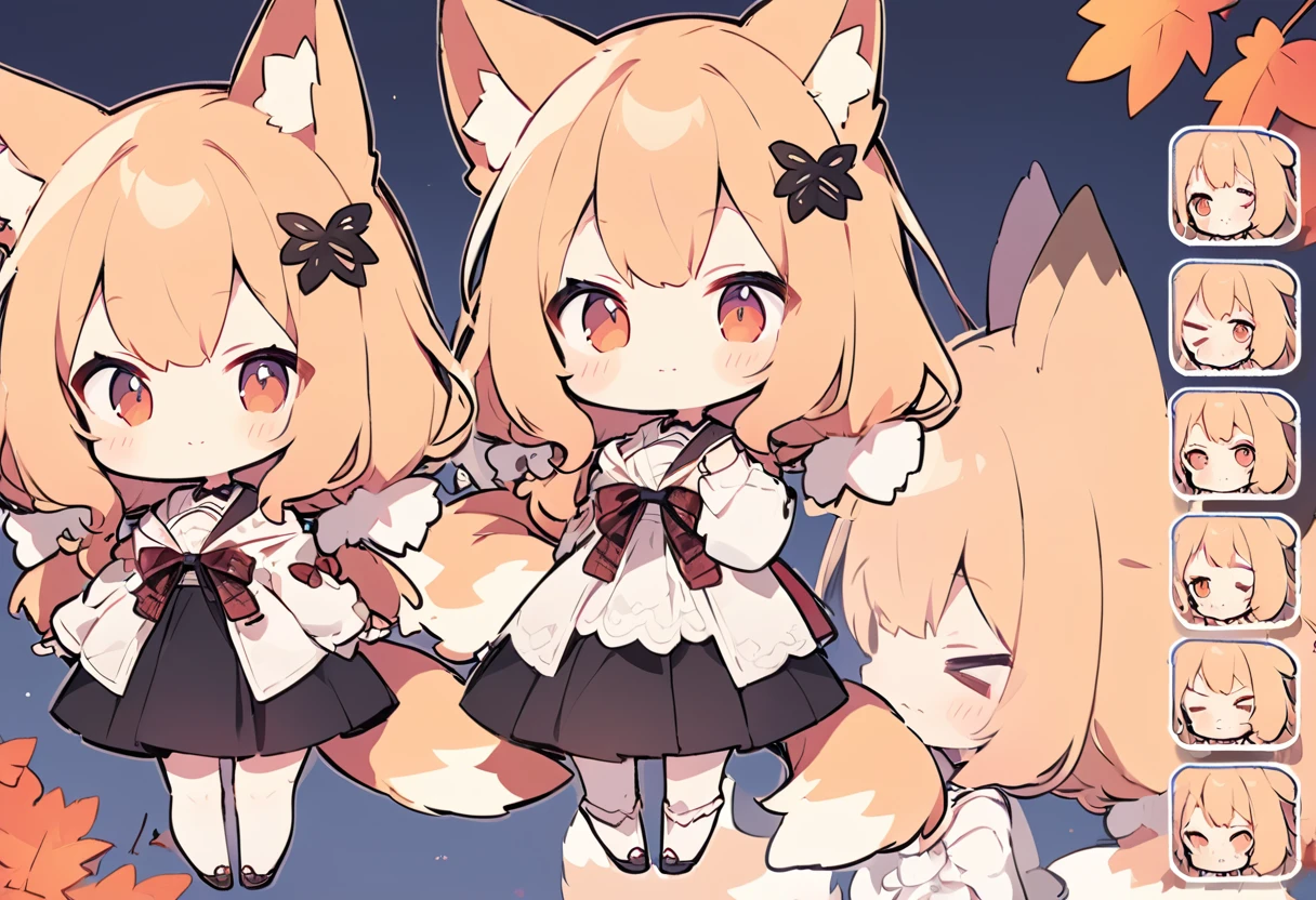 Anime, two heads, cute fox girl, autumn, multiple poses and expressions, different angles, character sheet, fashionable clothes, illustration, white background,