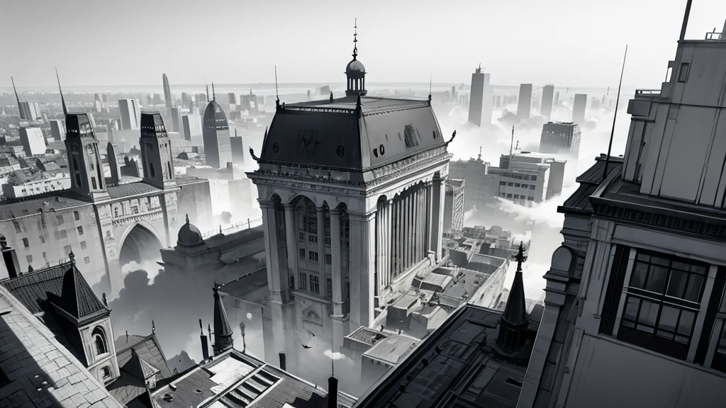 ((line-drawing)), comic strip, (((monochromes))), illustration, manga style, bird eye view of Berlin during World War 2, brutalistic archtecture, (((bird eye view))), ((black and white, monochromatic)), floating rocks, covered in fog, manga background, masterpiece, Best Quality, Super Detail, dark fantasy, 