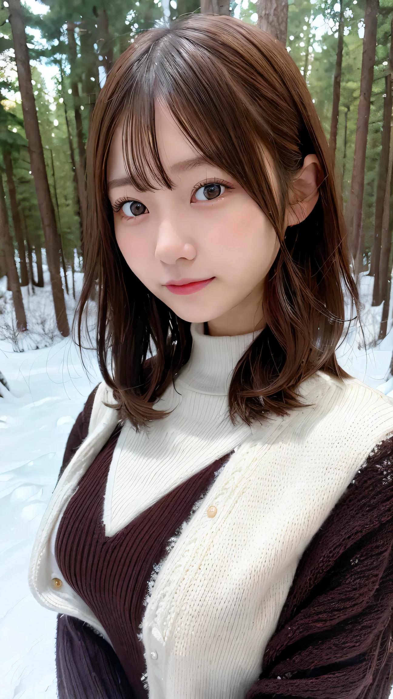 in the snowy forest, japanese girl, winter knit sweater, Yuki, pupils shine, brown short hair, big breasts, realistic portrait, depth of field, f/1.8, anatomically correct, rough skin, Super detailed, advanced details, high quality, Super detailed, advanced details, high quality, 最high quality, High resolution