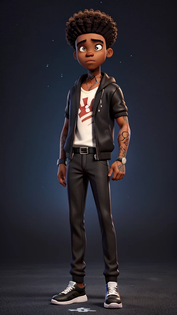 90s style gangster characterblack man, stylish black clothes, white sneakers, short afro hair, standing, full body, tattoo on the left arm, looking at the camera, celestial image background, angry sign in the background of the image, sparkles, high quality