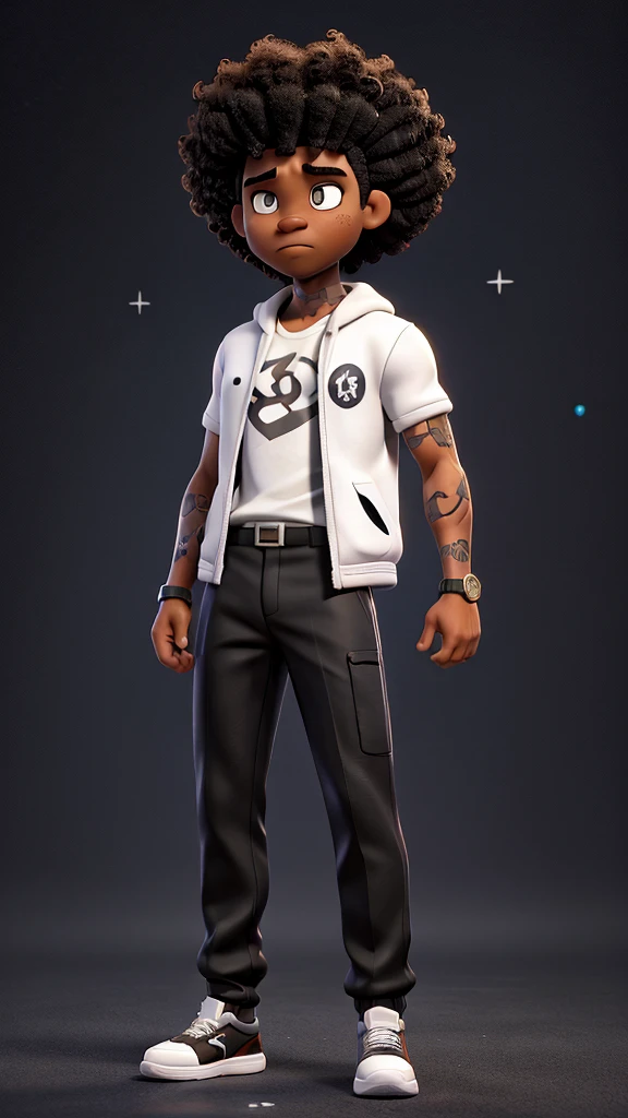 90s style gangster characterblack man, stylish black clothes, white sneakers, short afro hair, standing, full body, tattoo on the left arm, looking at the camera, celestial image background, angry sign in the background of the image, sparkles, high quality