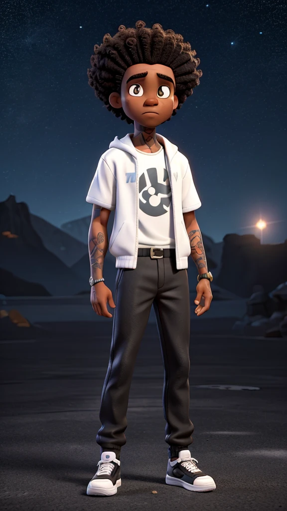 90s style gangster characterblack man, stylish black clothes, white sneakers, short afro hair, standing, full body, tattoo on the left arm, looking at the camera, celestial image background, angry sign in the background of the image, sparkles, high quality