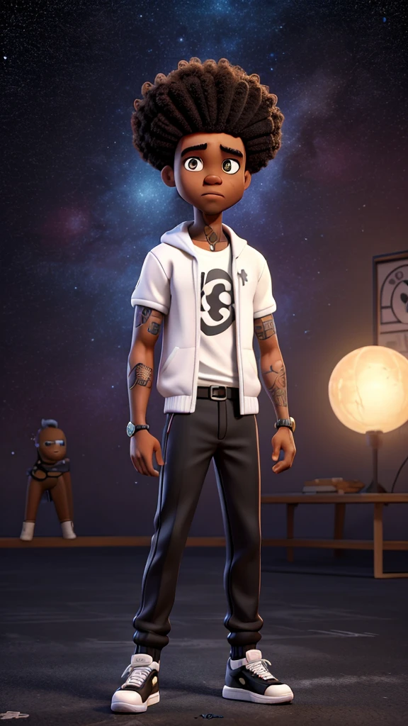 90s style gangster characterblack man, stylish black clothes, white sneakers, short afro hair, standing, full body, tattoo on the left arm, looking at the camera, celestial image background, angry sign in the background of the image, sparkles, high quality