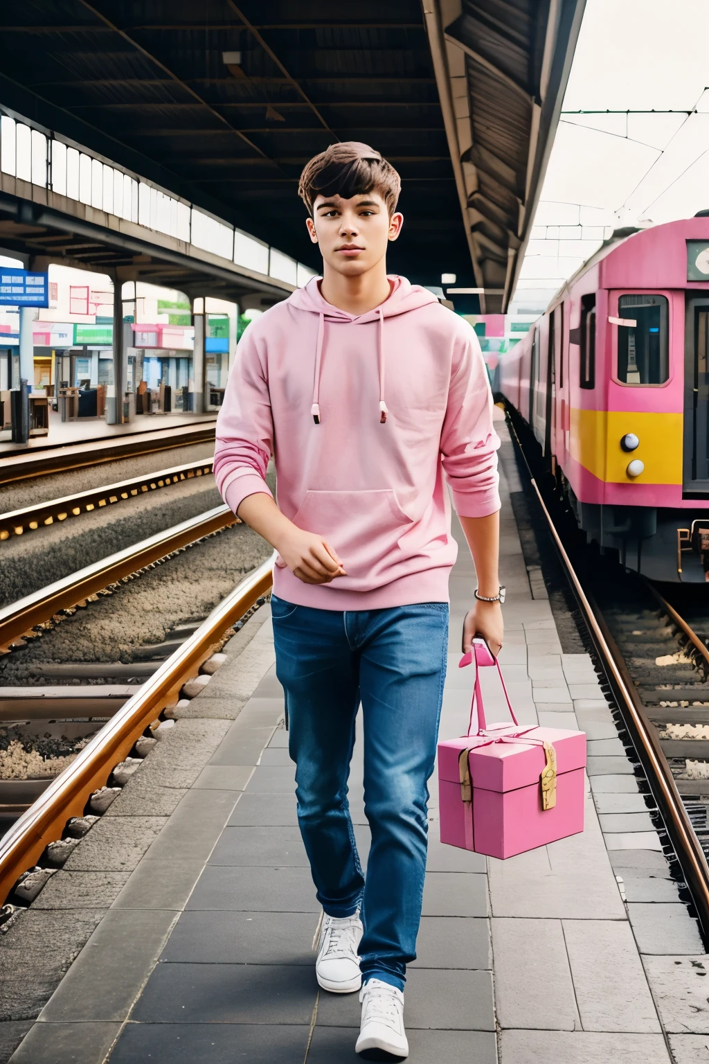 23year old boy carrying a pink box with a pupuppy and walking through railway station